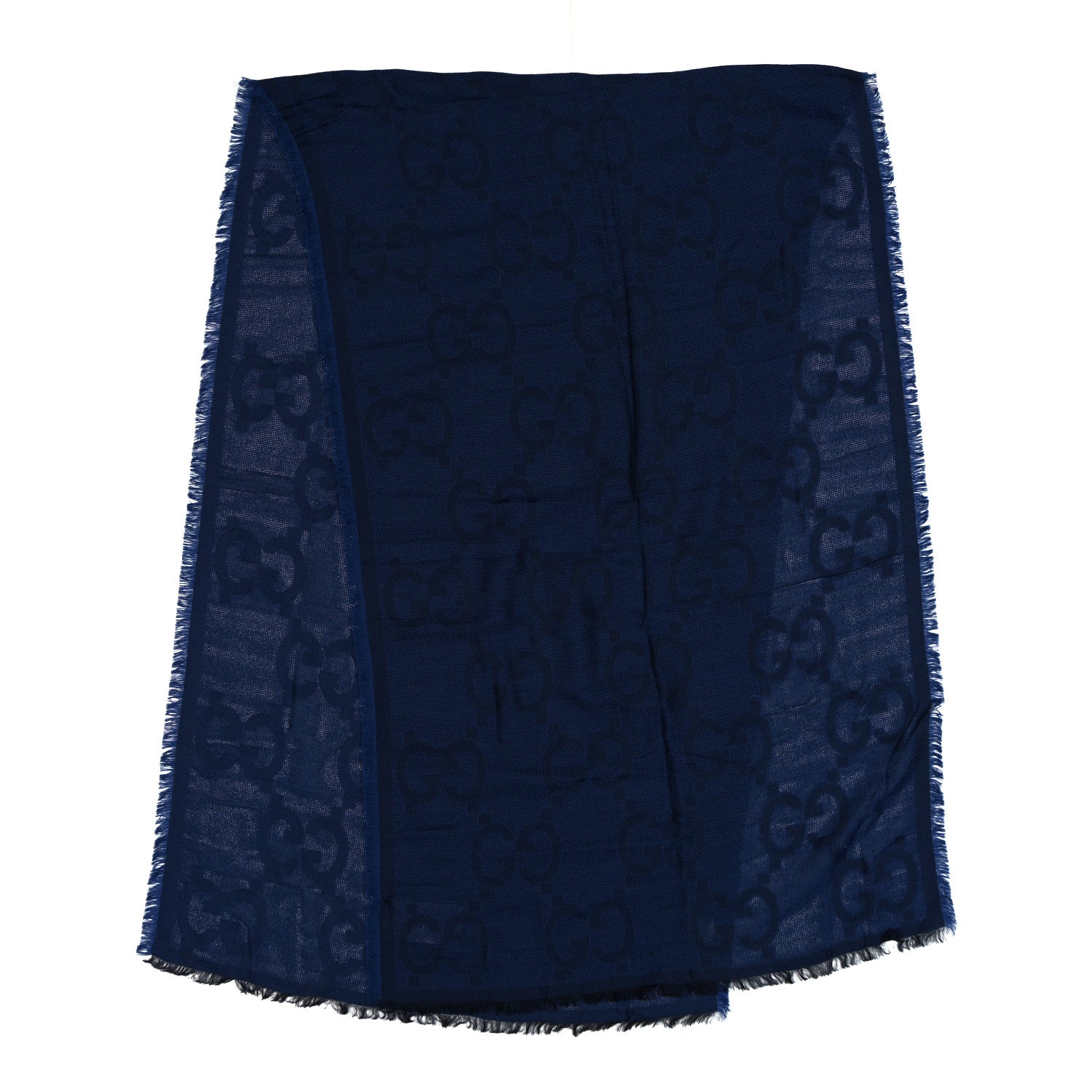 Gucci Wool Silk Monogram Jumbo GG Fringe Scarf Navy Blue 2 of 3