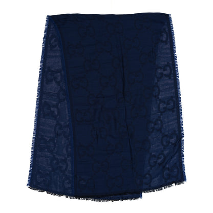 Gucci Wool Silk Monogram Jumbo GG Fringe Scarf Navy Blue 2 of 3