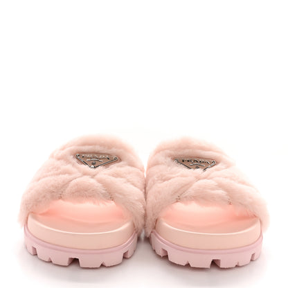 Prada Shearling Metal Triangle Logo Lug Sole 20mm Slide Sandals 38.5 Orchidea 2 of 9