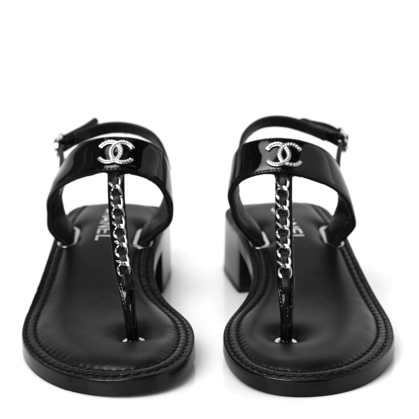 Patent Calfskin Chain CC Logo Thong Sandals 38 Black
