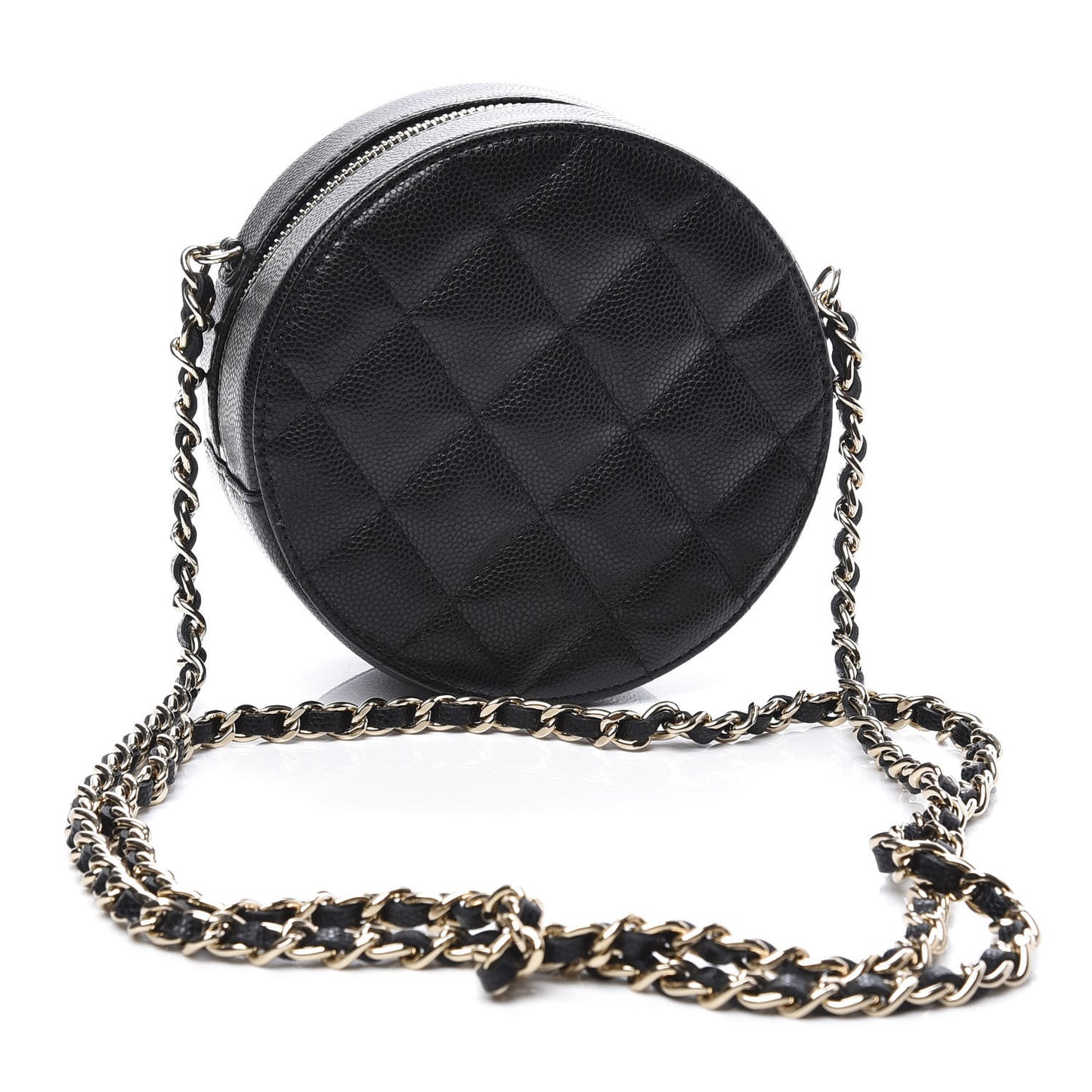 Caviar Quilted French New Wave Round Clutch With Chain Black