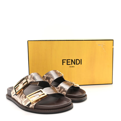 Fendi Vitello Karung Effect Fendi Feel Buckled Slide Sandals 37 Beige Brown 10 of 10