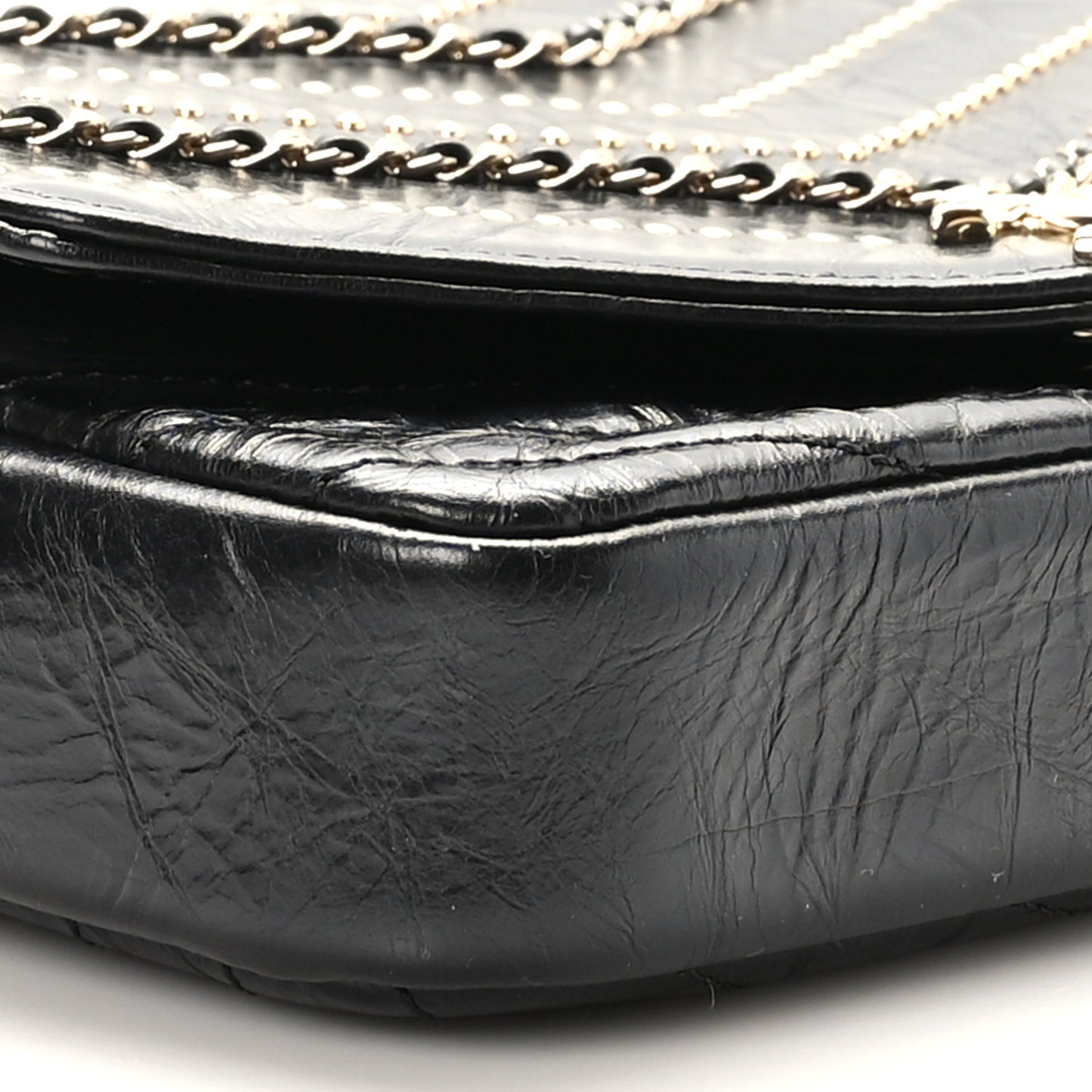 Crumpled Calfskin Chevron Chain Mini Square Flap Black