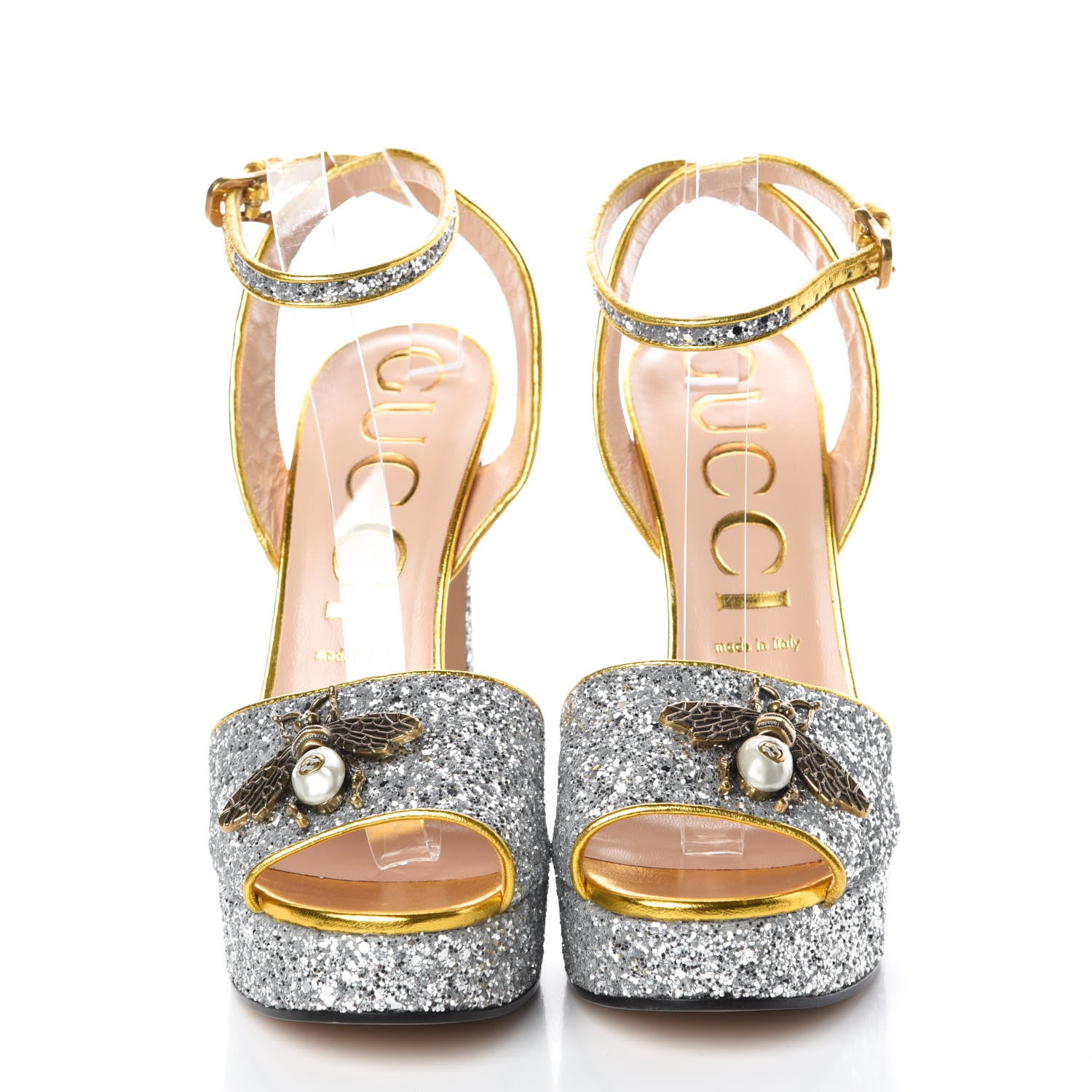 Gucci Glitter Soko Bee Platform High Heel Sandals 40 Argento Oro Vecchio 2 of 10