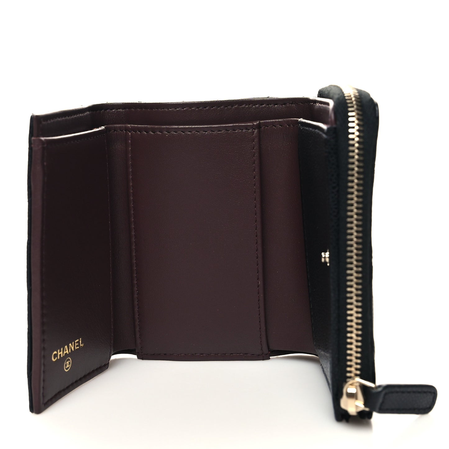 Caviar Quilted CC Zip Compact Trifold Wallet Black