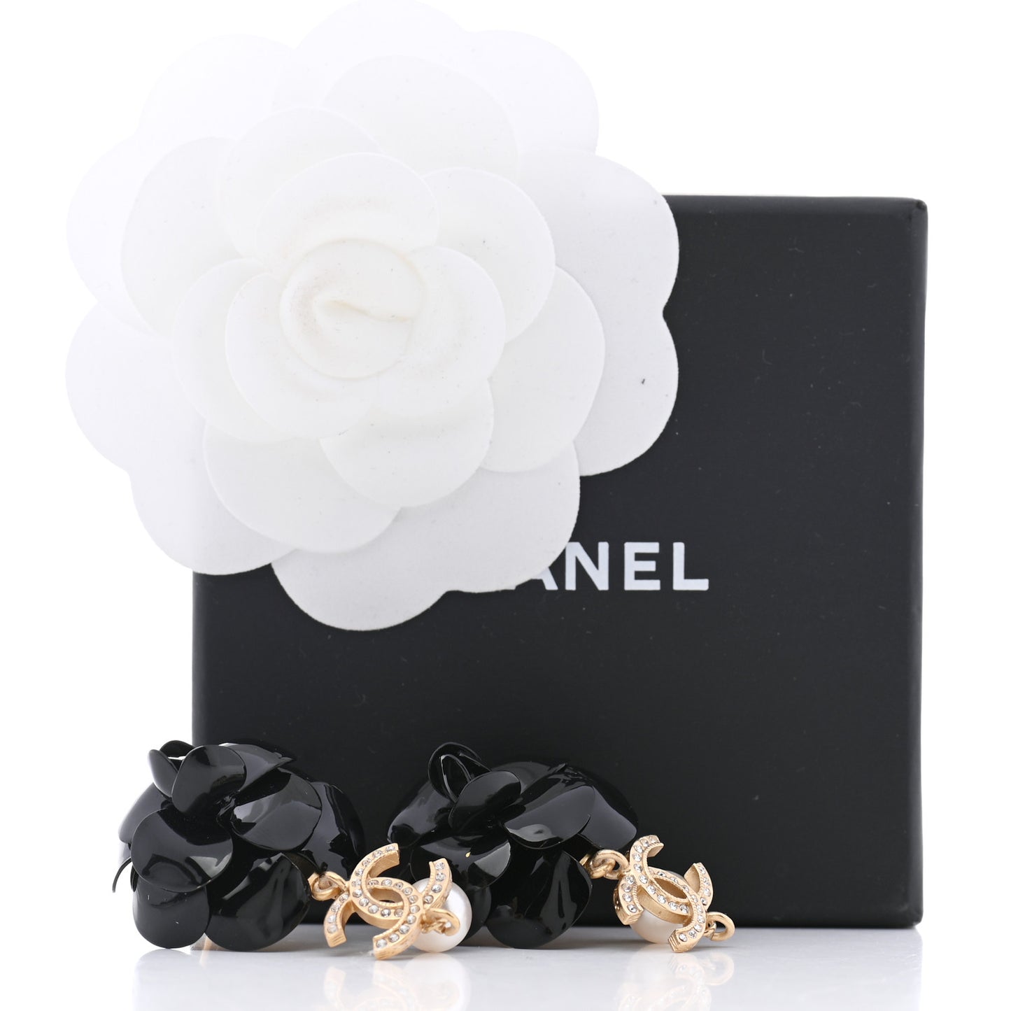 Enamel Crystal Pearl CC Camellia Drop Earrings Black Gold