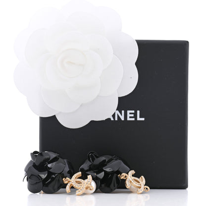 Chanel Enamel Crystal Pearl CC Camellia Drop Earrings Black Gold 5 of 5