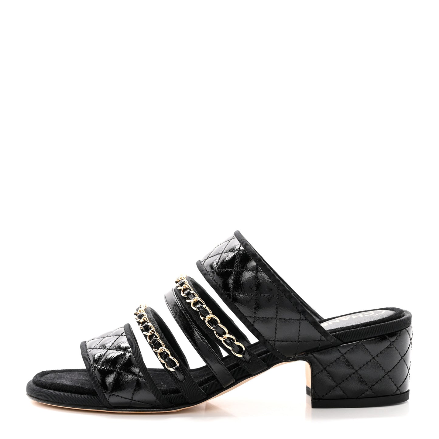 Distressed Patent Quilted Chain Mule Sandals 36 Black
