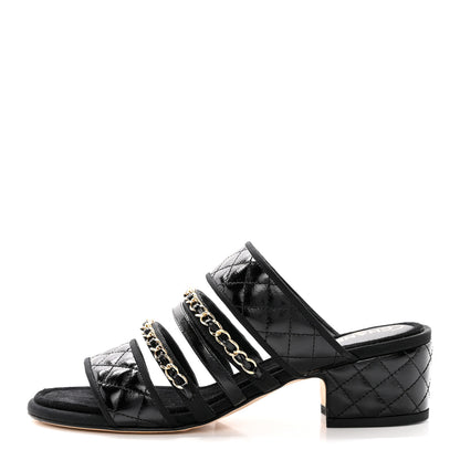 Chanel Distressed Patent Quilted Chain Mule Sandals 36 Black 1 of 13