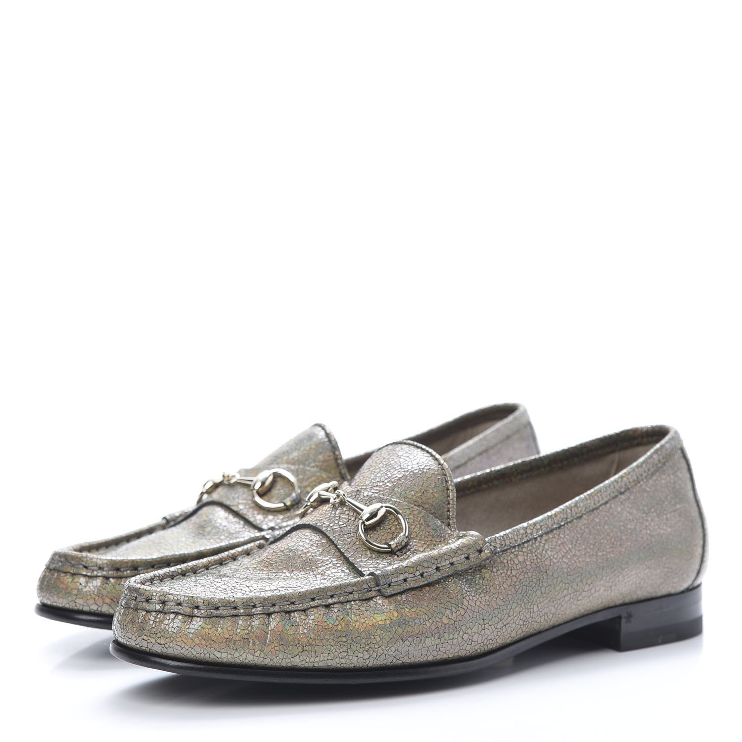 Gucci Metallic Crackled Calfskin Womens 1953 Horsebit Loafers 39 Fawn 3 of 10