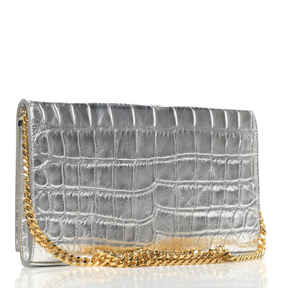 Saint Laurent Calfskin Crocodile Embossed Monogram Chain Wallet Argento 3 of 10