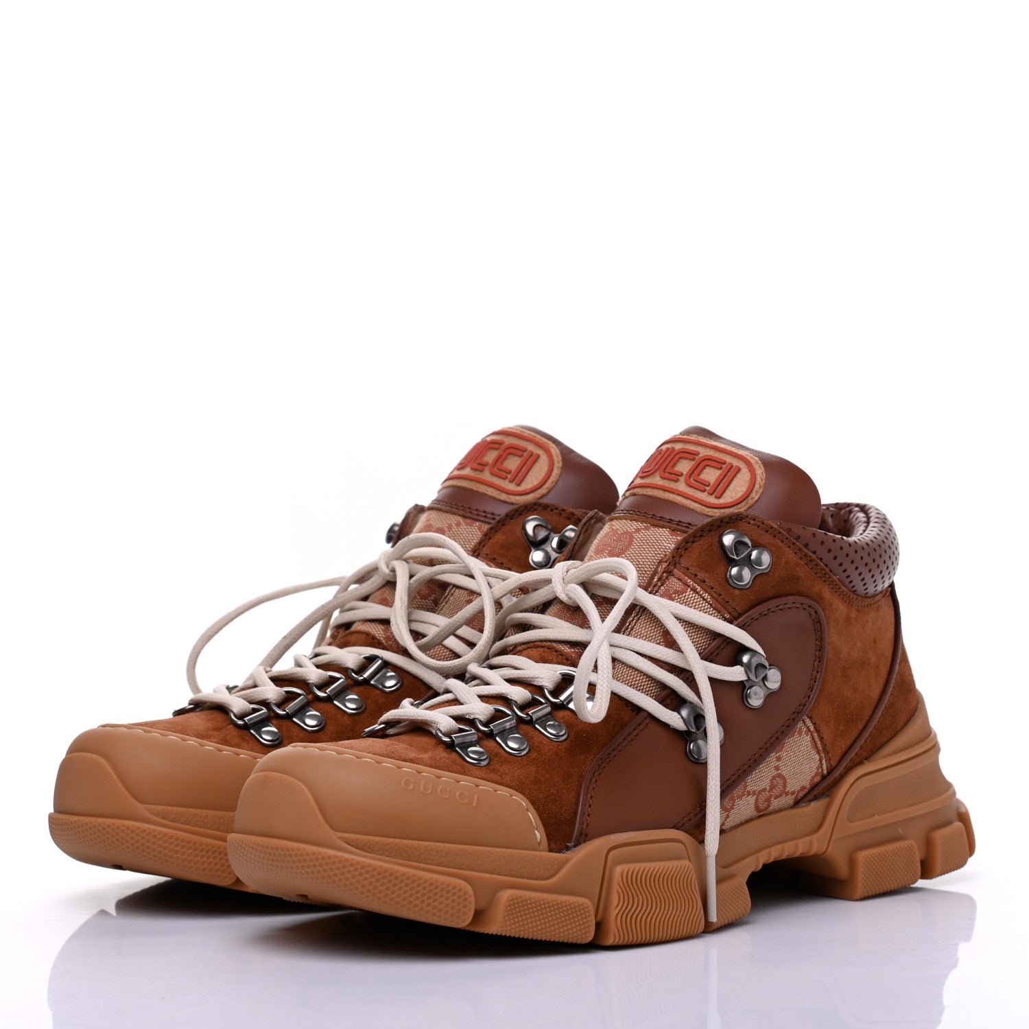 Gucci X SEGA Suede Calfskin GG Monogram Mens Flashtrek Sneakers 7 New Cuir Beige Ruggine 3 of 9