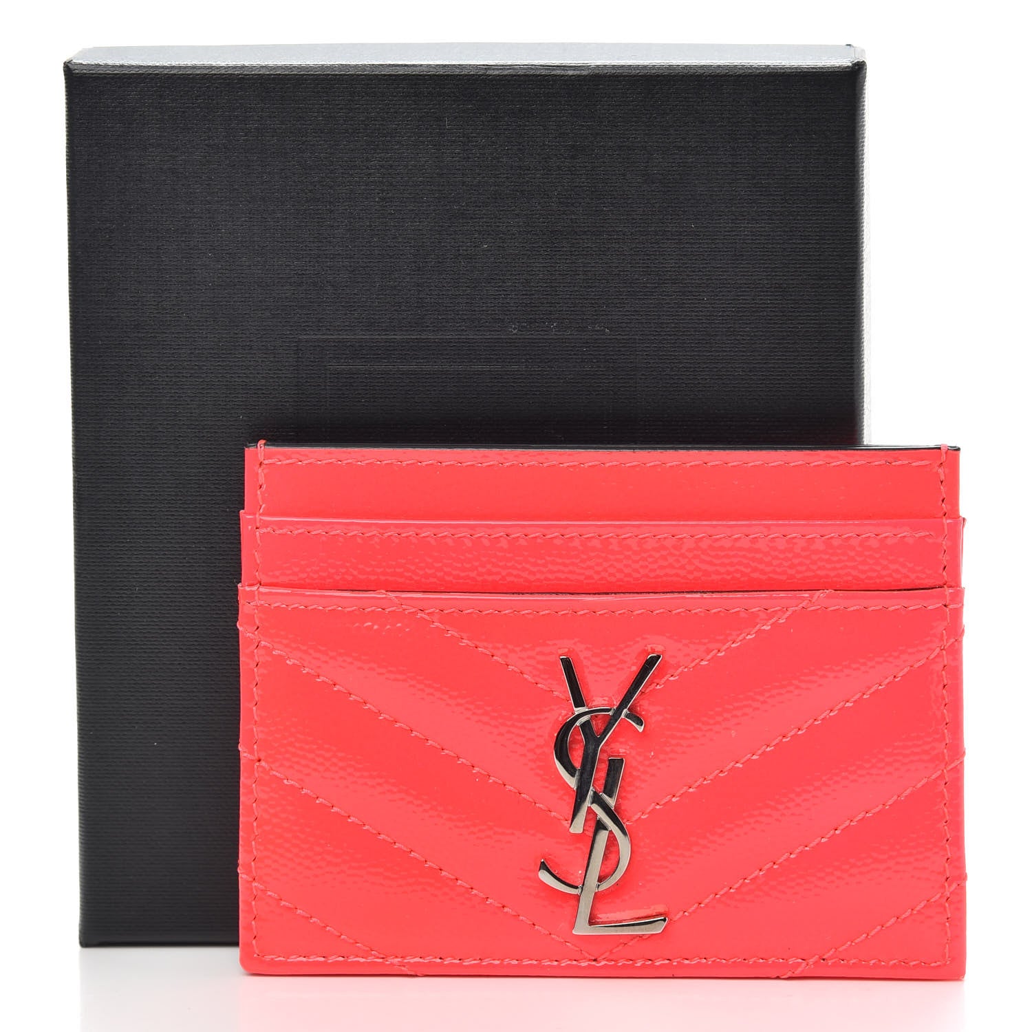 Saint Laurent Grain De Poudre Matelasse Chevron Monogram Credit Card Case Neon Pink 8 of 8