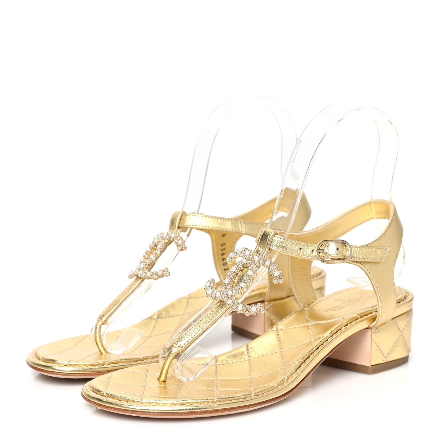 Laminated Lambskin Quilted CC Pearl Thong Sandals 35.5 Gold