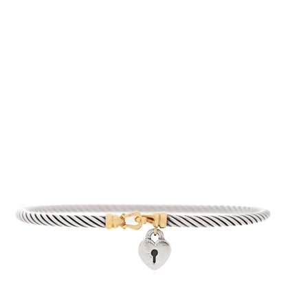 David Yurman Sterling Silver 18K Yellow Gold 3mm Heart Lock Cable Buckle Bracelet 1 of 3
