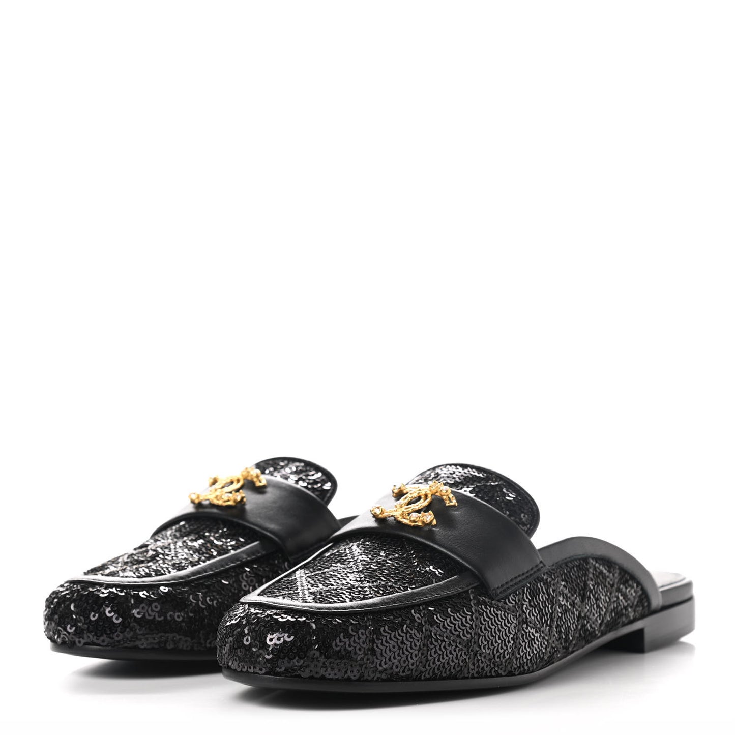 Sequin Lambskin Quilted CC Mules 36 Black