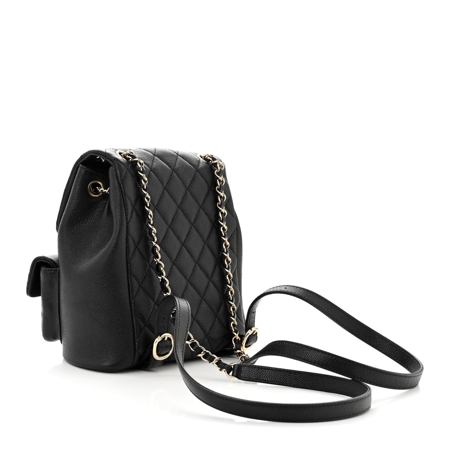 Shiny Caviar Quilted Medium Duma Pockets Drawstring Backpack Black
