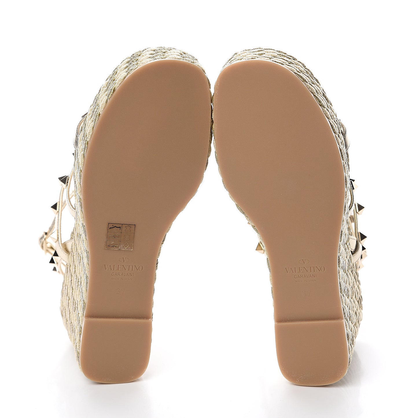 Metallic Nappa Rockstud Ankle Strap Torchon Espadrille Caged 25/95mm Wedge Sandals 37 Platino