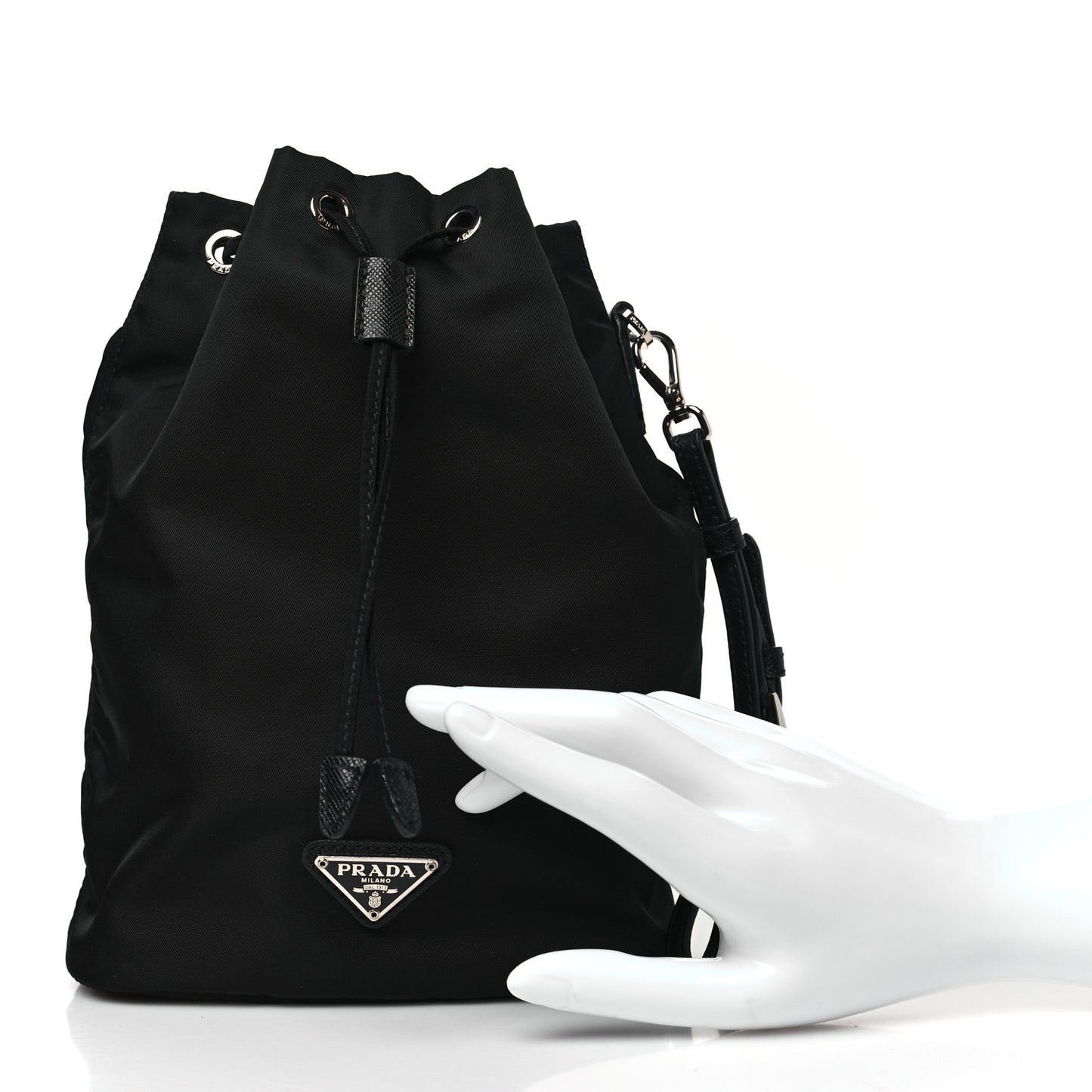 Saffiano Tessuto Nylon Vela Bucket Wristlet Black