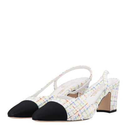 Chanel Tweed Grosgrain Cap Toe CC Slingback Pumps 40 White Multicolor 4 of 11