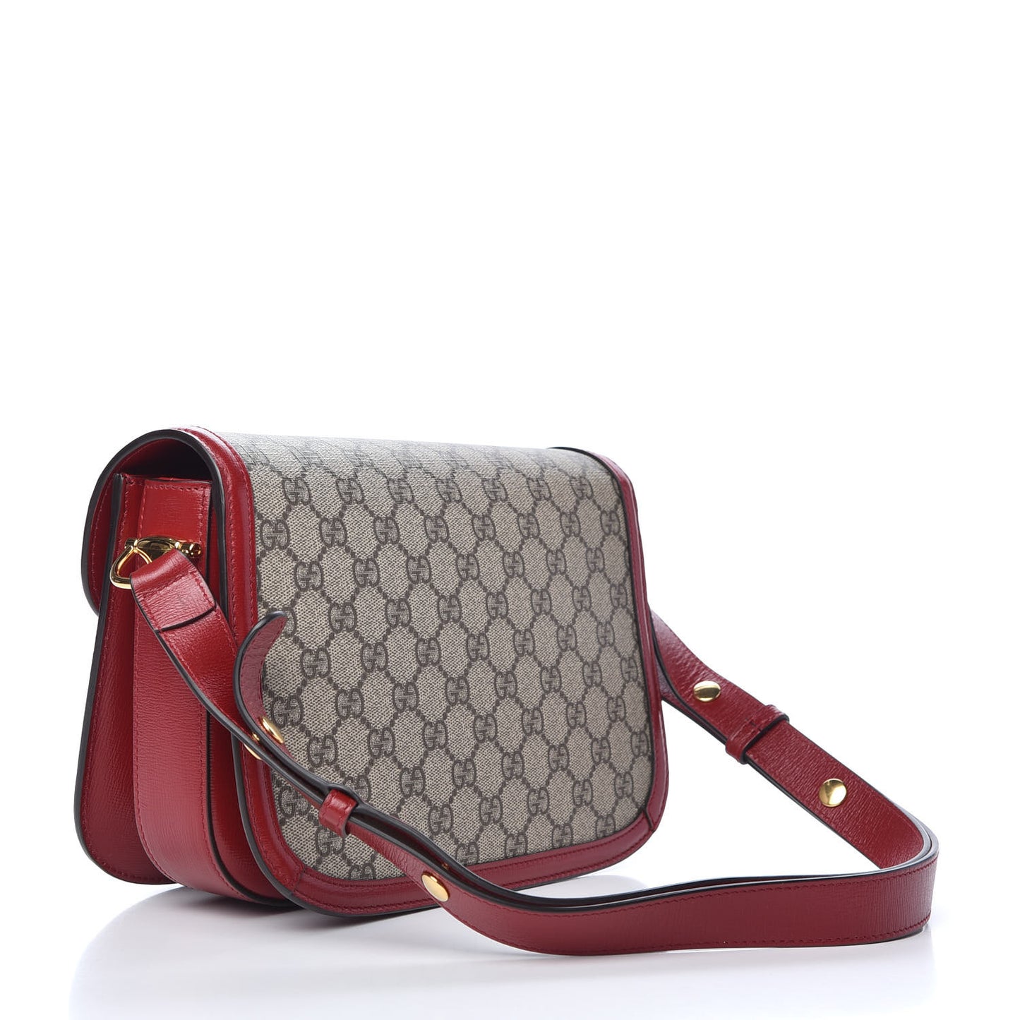 GG Supreme Monogram Azalea Calfskin Horsebit 1955 Shoulder Bag Beige Ebony New Cherry Red