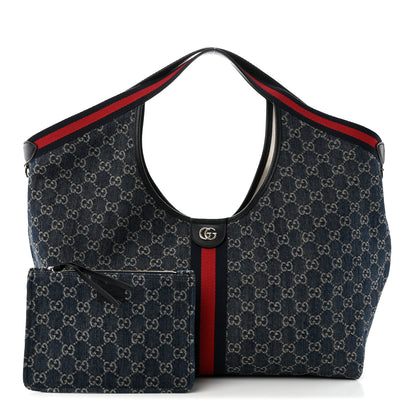 Gucci Denim GG Monogram Web Large Giglio Tote Blue 3 of 11