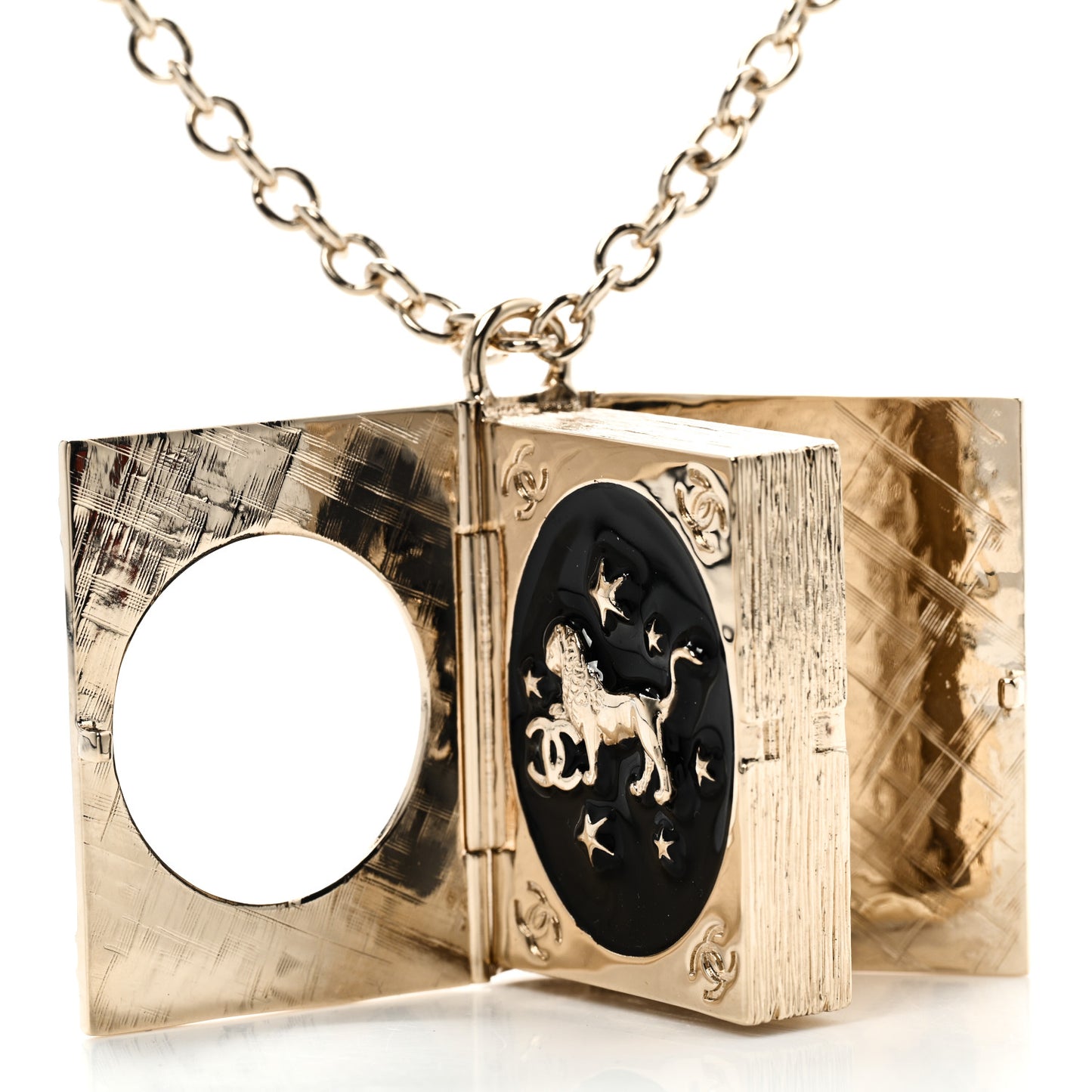 Metal CC Lion Book Locket Necklace Gold