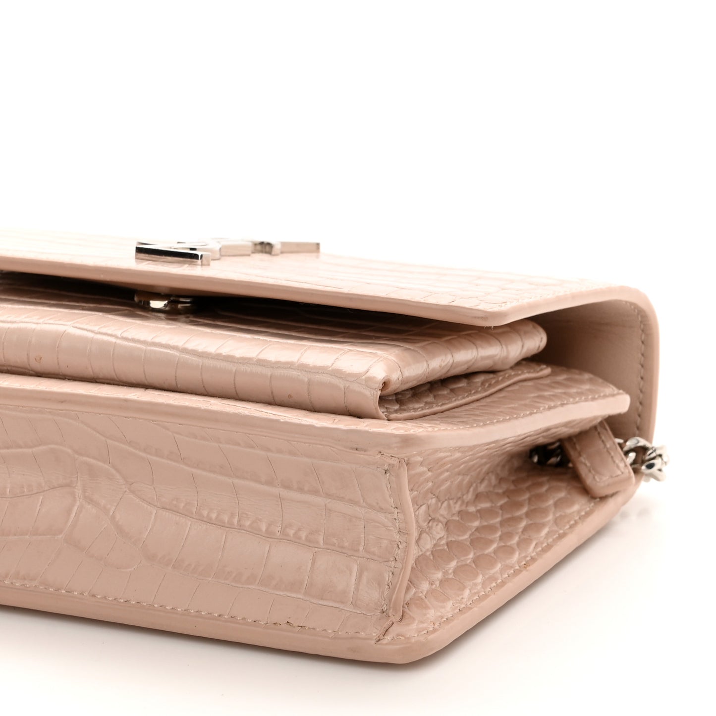 Calfskin Crocodile Embossed Monogram Sunset Chain Wallet Rose Antic