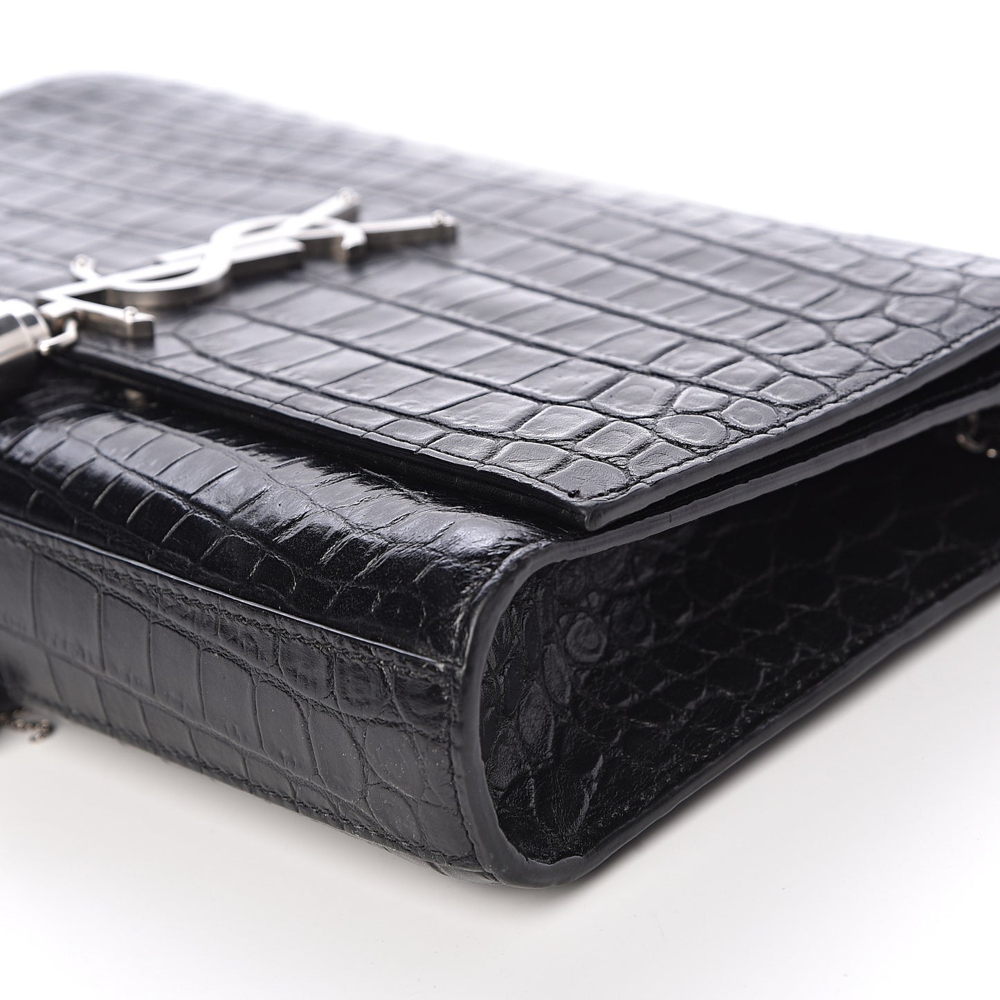 Calfskin Crocodile Embossed Medium Classic Monogram Kate Tassel Satchel Black