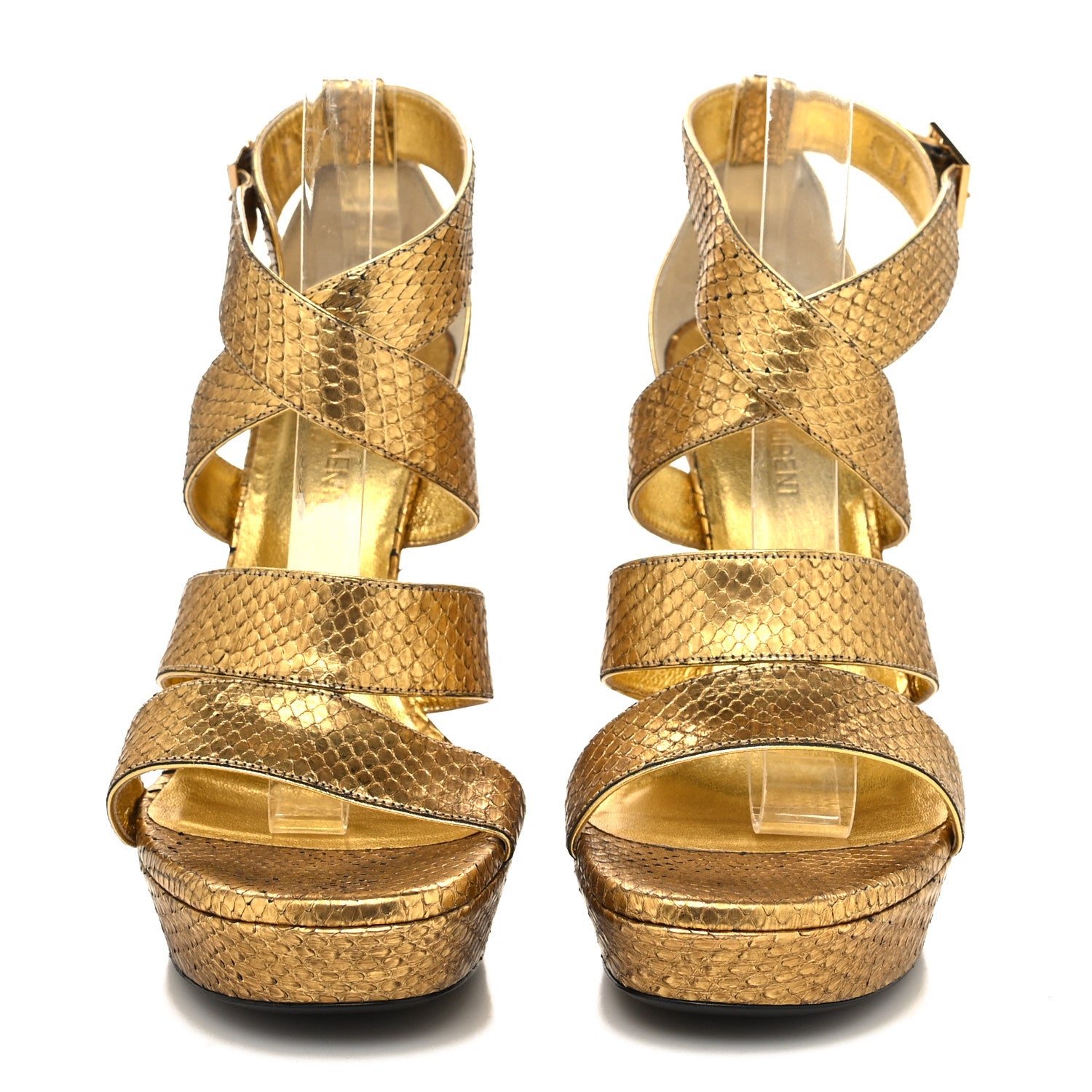 Saint Laurent Calfskin Snakeskin Effect Cosmo Lame Platform Sandals 38 Gold 2 of 11