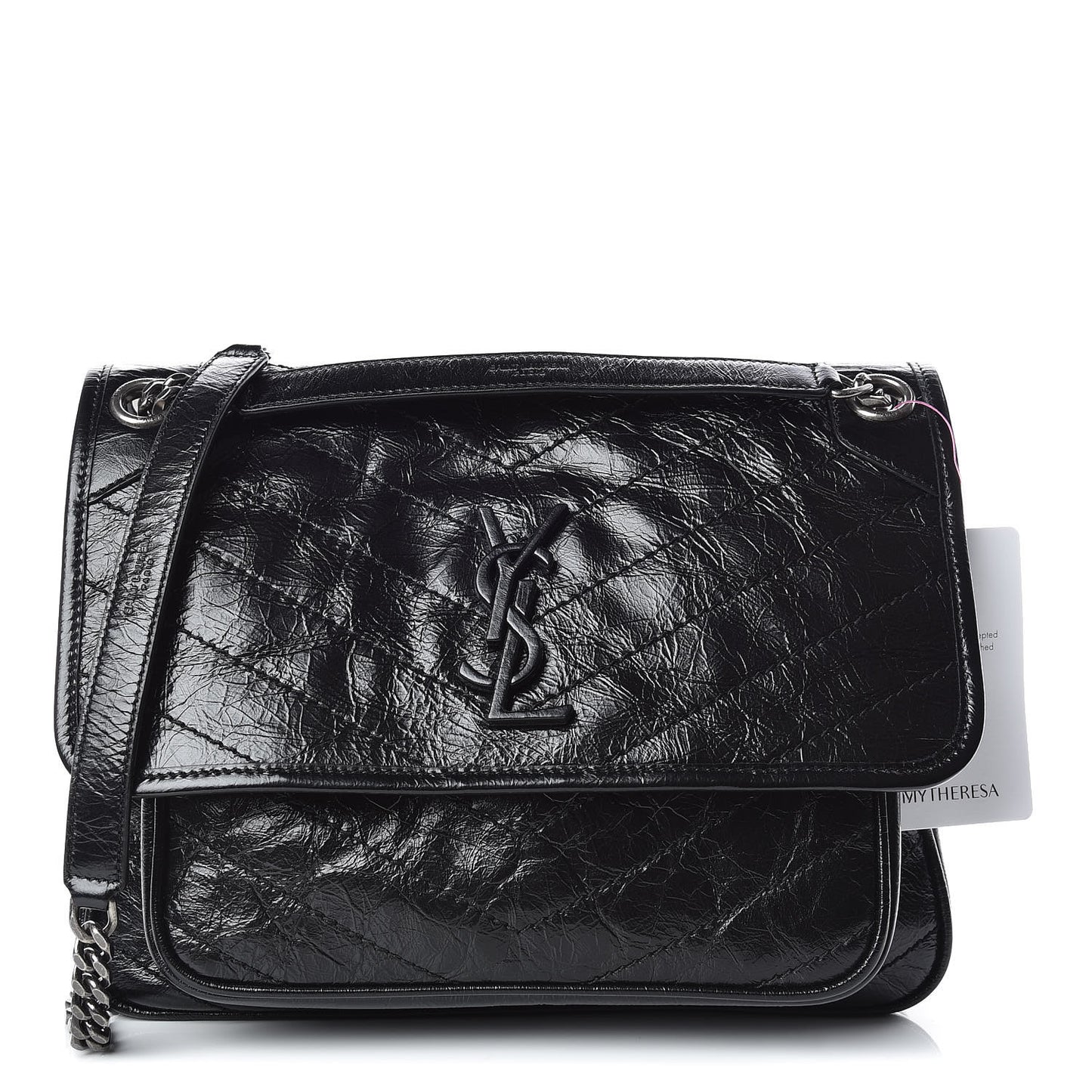 Crinkled Calfskin Matelasse Monogram Medium Niki Chain Satchel Black