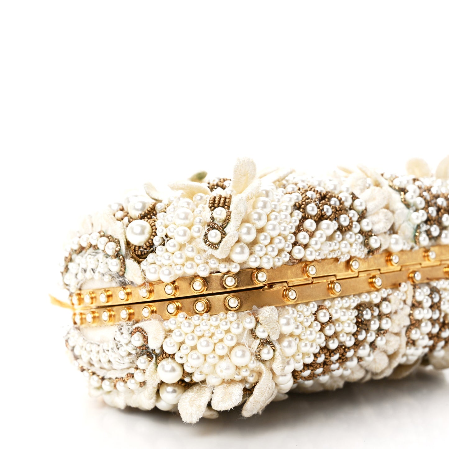 Embroidered Pearl Angel Knuckle Box Clutch Ivory Gold