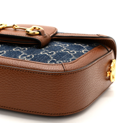 Gucci New Denim GG Monogram Dollar Calfskin Web Mini Horsebit 1955 Shoulder Bag Blue Tea Cuir Epilog 10 of 10