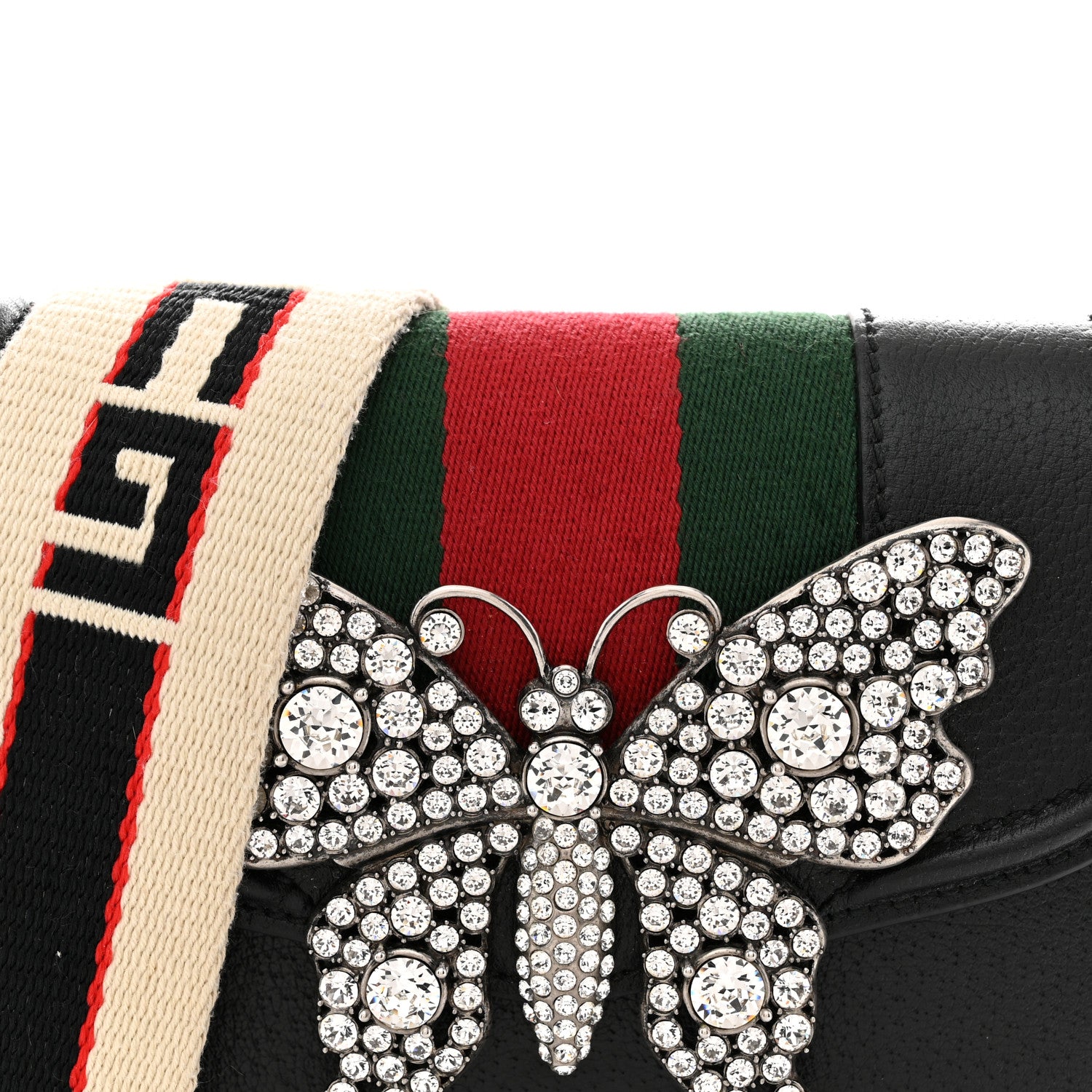 Gucci Calfskin Web Crystal Butterfly Stripe Small Totem Shoulder Bag Black 8 of 11