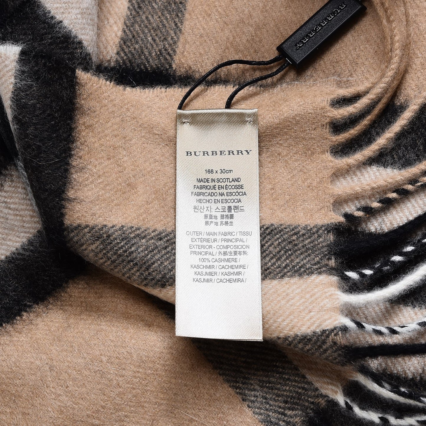 Cashmere Giant Check Fringe Scarf Camel