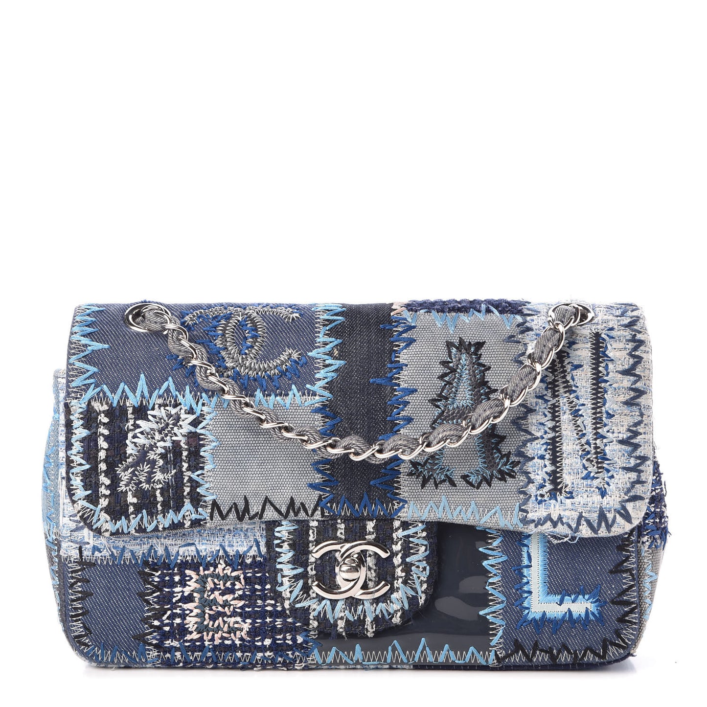 Denim Tweed Patchwork Medium Single Flap Blue
