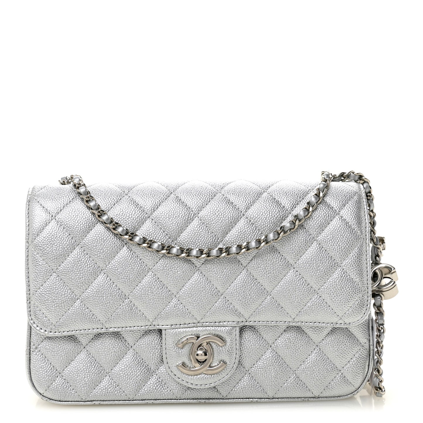 Metallic Caviar Quilted Medium CC Slide Flap Silver Silver
