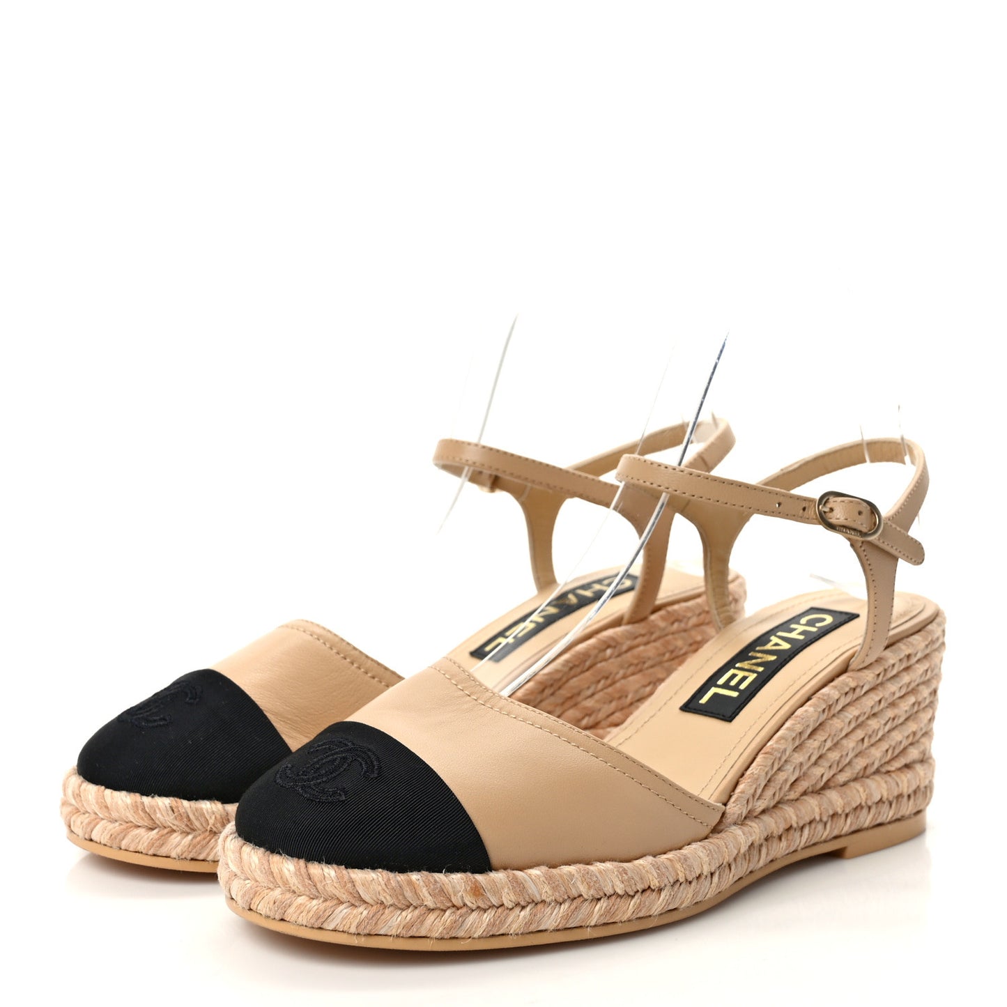Lambskin Grosgrain CC Espadrilles Wedges 37 Beige Black