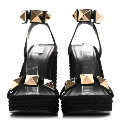 Valentino Garavani Suede Calfskin Roman Stud Espadrille Wedge Ankle Wrap Sandals 38 Black 3 of 12