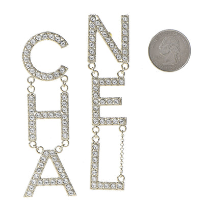 Chanel Crystal Cha-Nel Logo Drop Earrings Gold 2 of 5