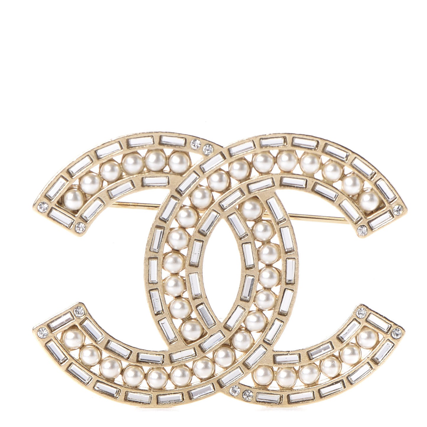 Pearl Crystal Baguette CC Brooch Gold