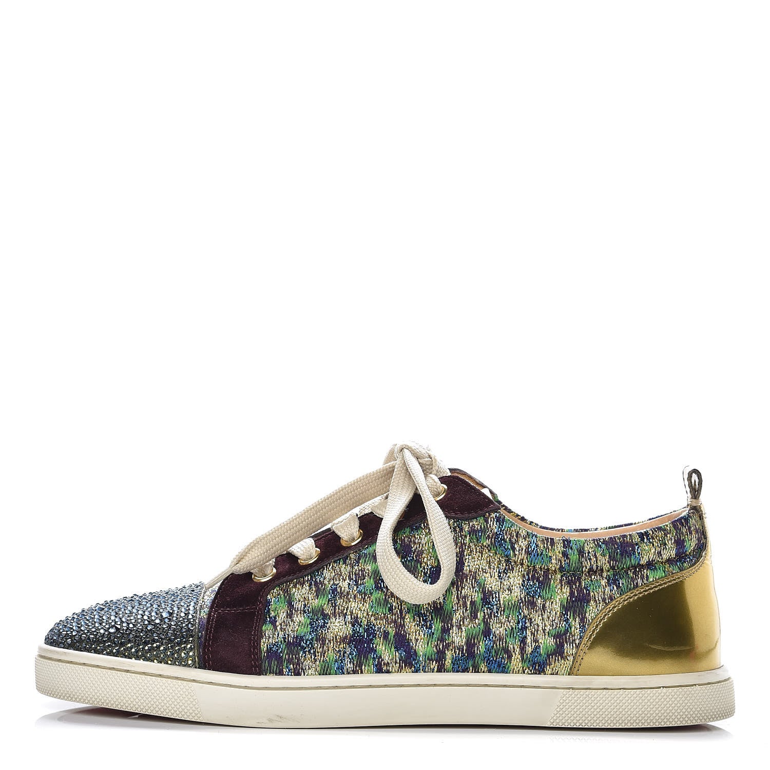 Christian Louboutin Crystal Metallic Suede Peacock Woven Lurex Gondolastrass Sneakers 37 Burgundy Green 1 of 11