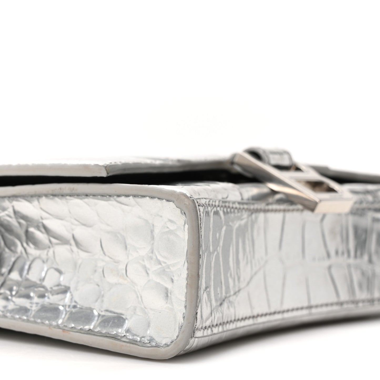 Metallic Calfskin Crocodile Embossed Hourglass Chain Bag Silver