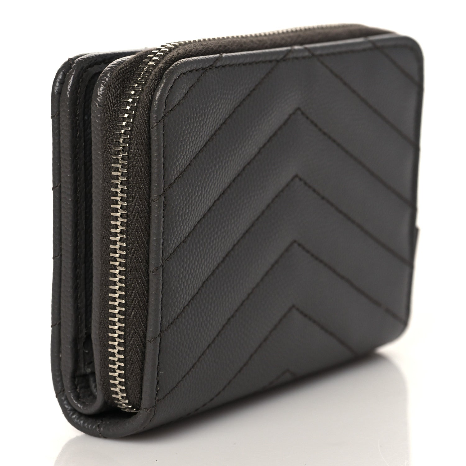 Saint Laurent Grain De Poudre Matelasse Chevron Monogram Compact Zip Around Wallet Earth 3 of 8