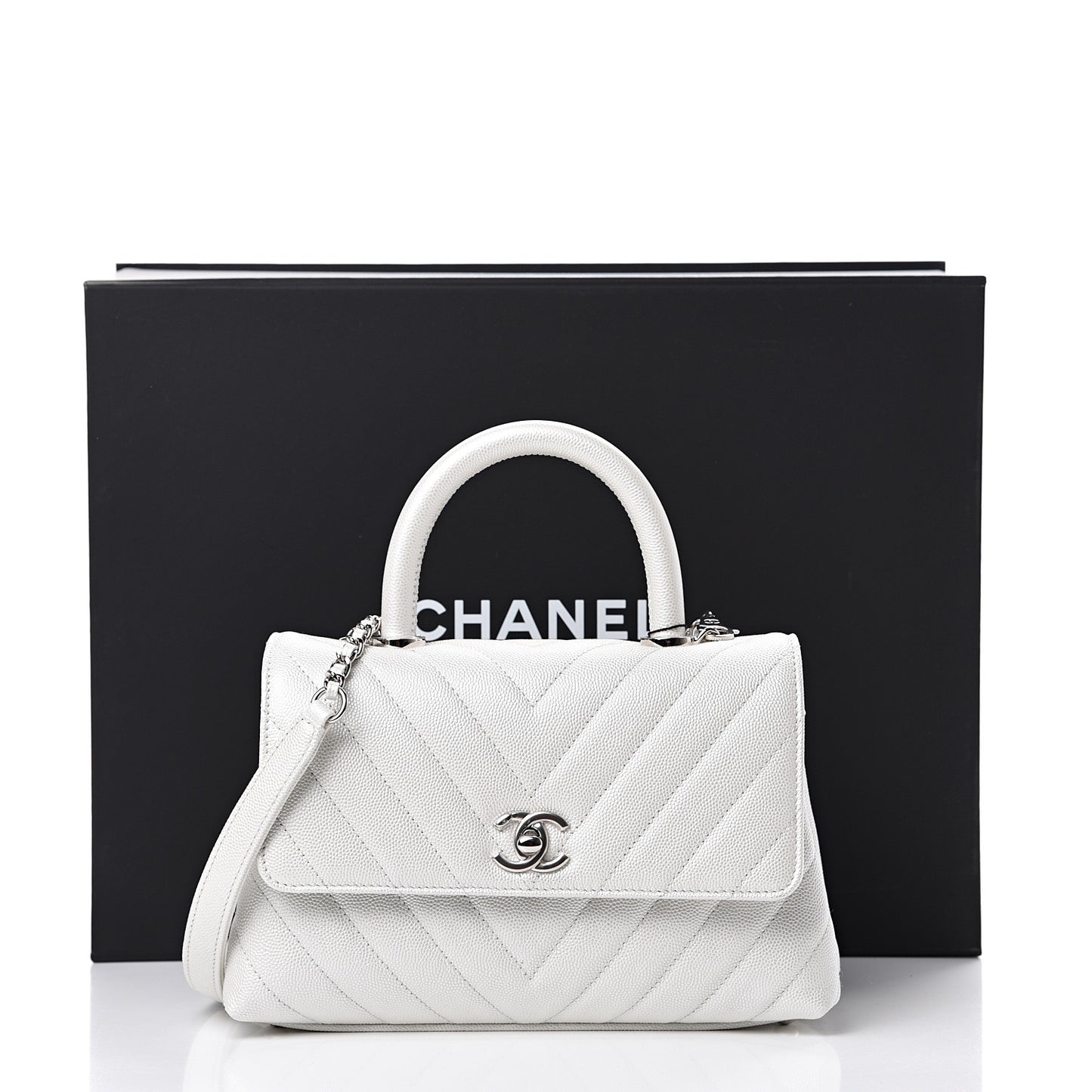 Iridescent Caviar Chevron Quilted Mini Coco Handle Flap White