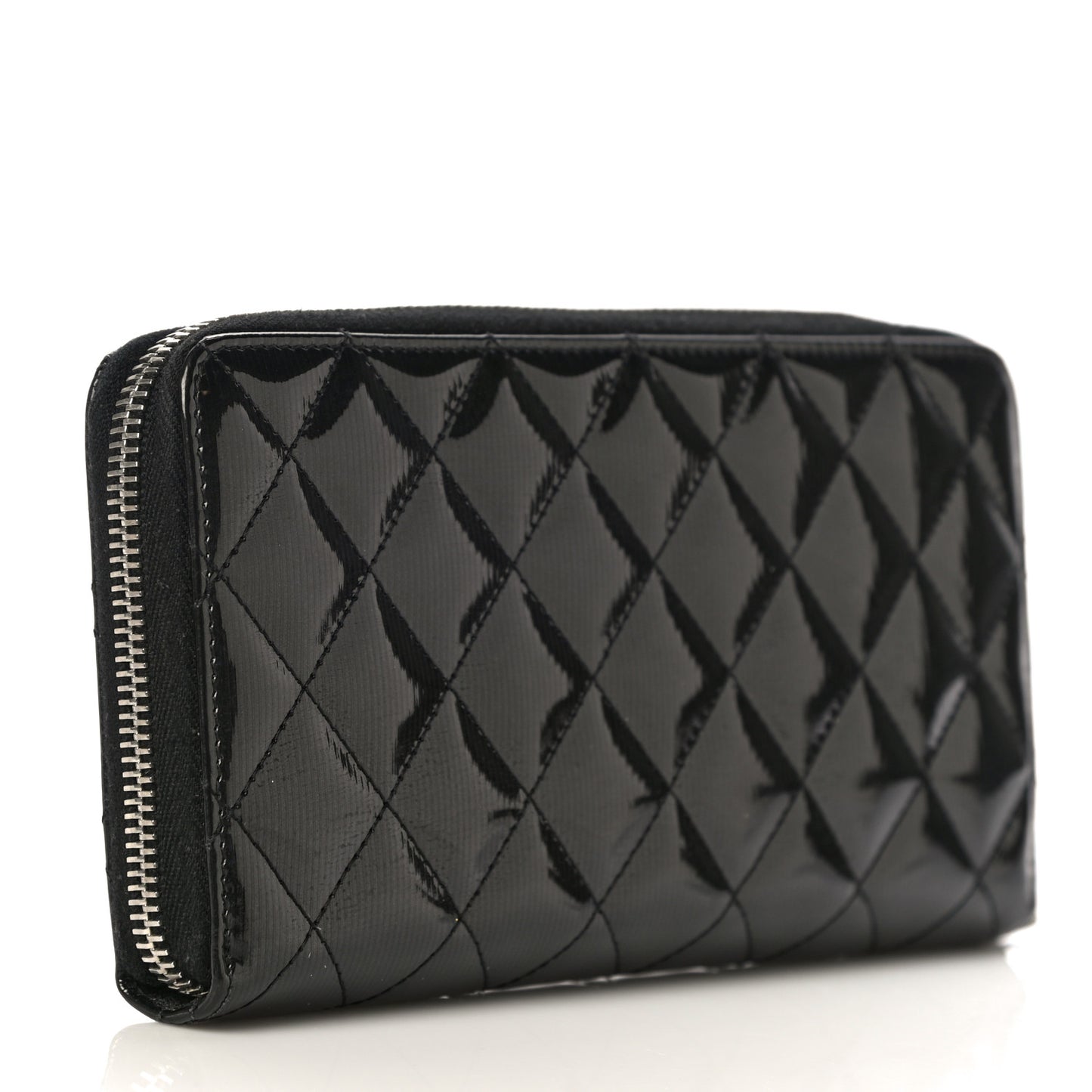 Striated Patent Zip Around Wallet Black