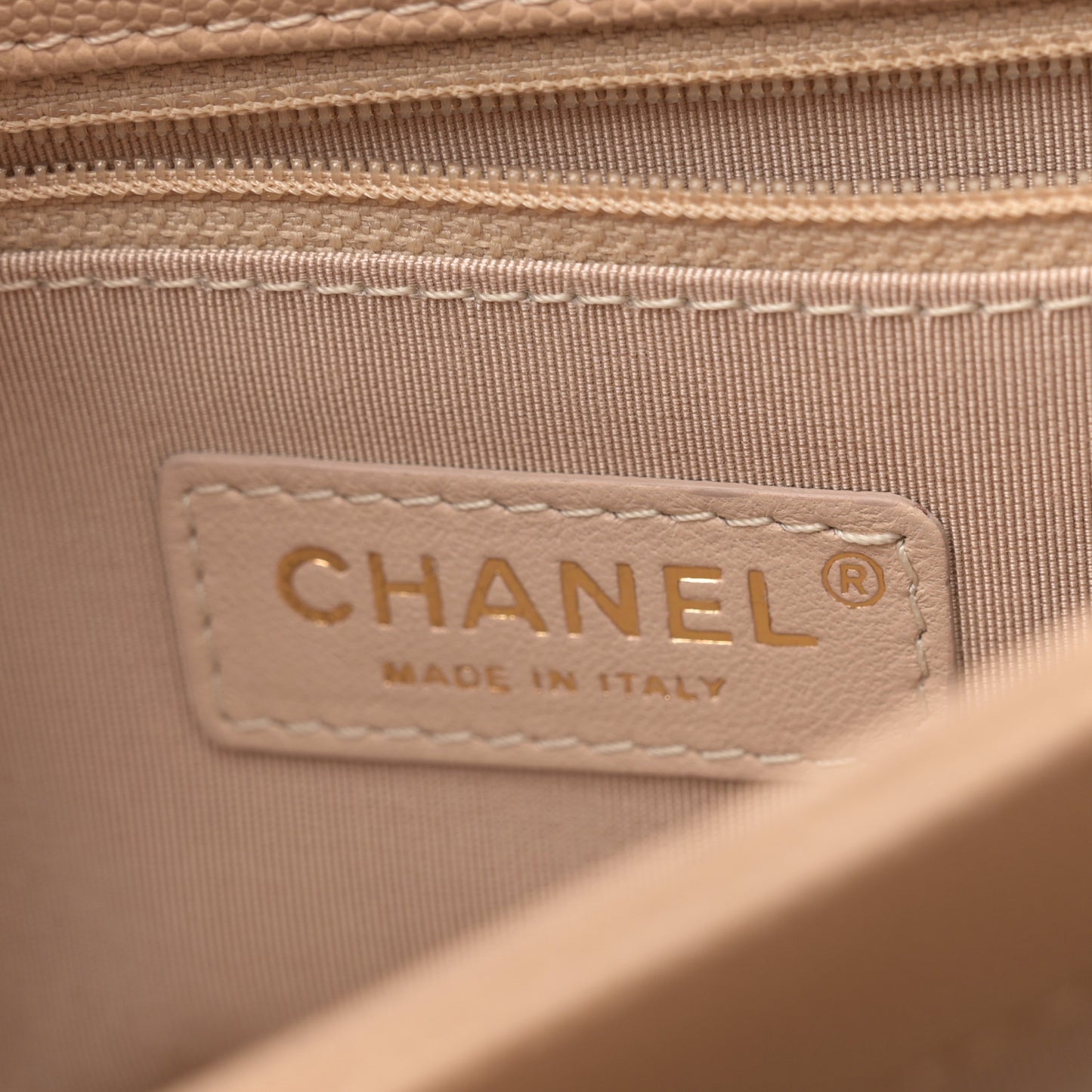 Grained Calfskin Stitched Enamel CC Flap Bag Beige