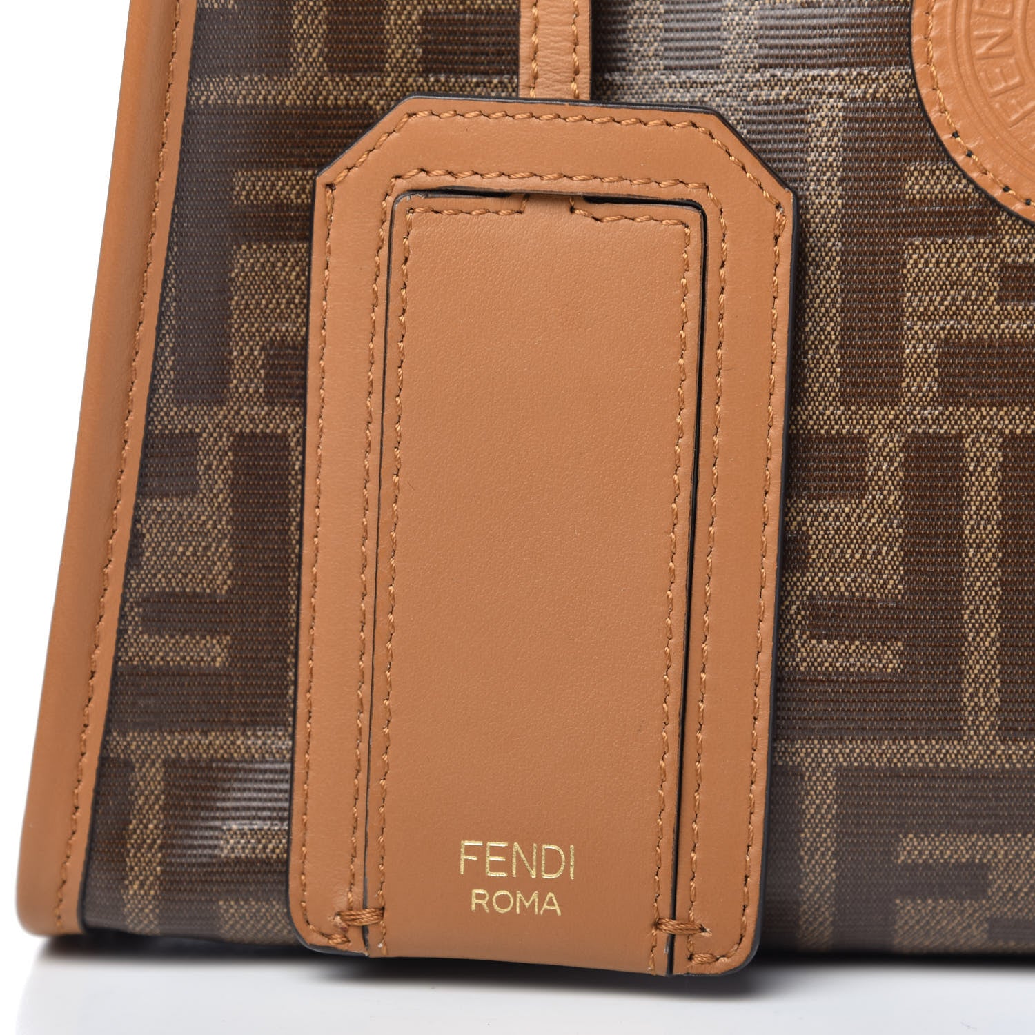 Fendi Glazed Fabric Vitello Century FF 1974 Stamp Patch Mini Peekaboo Defender Cover Mogano Panna Caramello 11 of 11