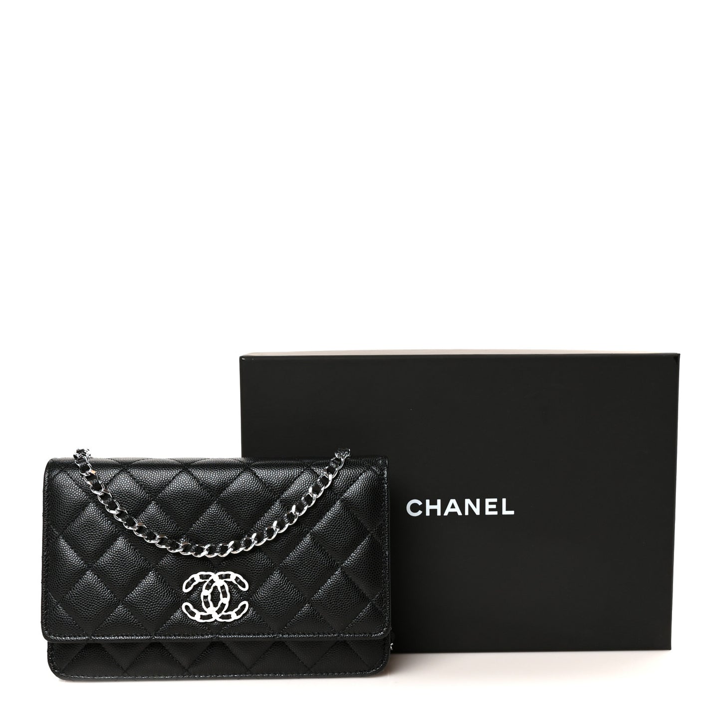 Caviar Quilted Chanel 19 Wallet On Chain WOC Black White