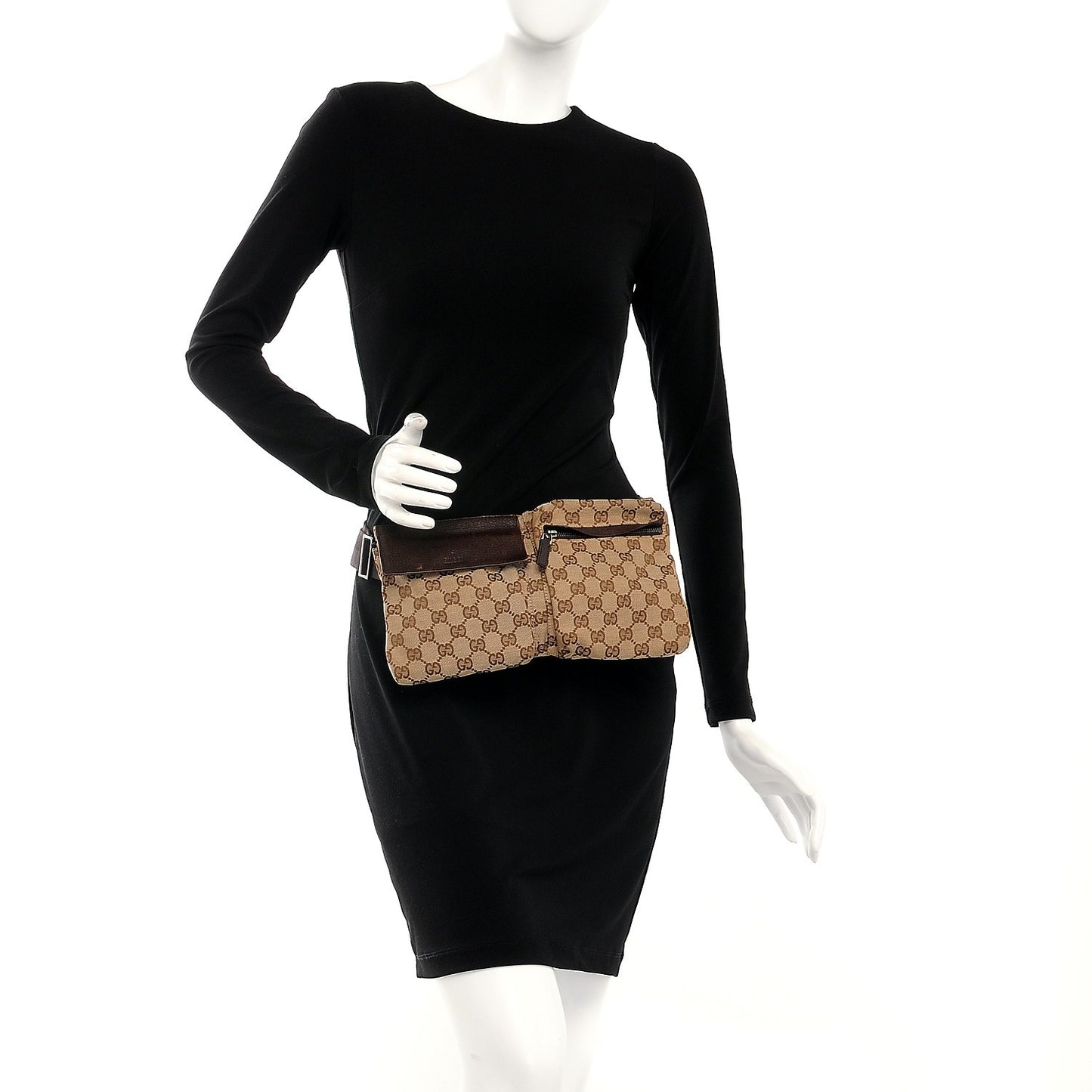 GG Monogram Double Pocket Belt Bag Dark Brown